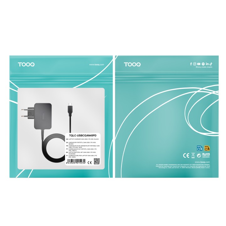 Cargador TooQ USB-C PD 45W Negro (TQLC-USBCGAN45PD)