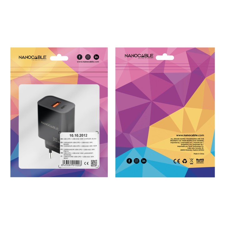 Cargador Pared Nanocable USB-A/C 30W Negro (10.10.2012)