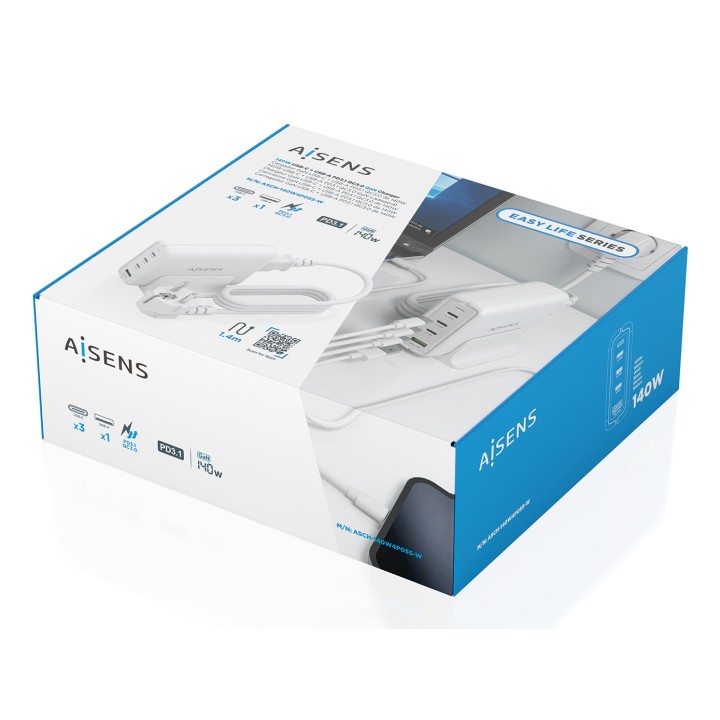 Cargador AISENS 140W 1xUSB-A 3xUSB-C (ASCH-140W4P055-W)