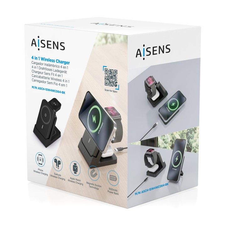 Cargador AISENS Qi Inalámbrico Negro(ASCH-15W4WC064-BK)