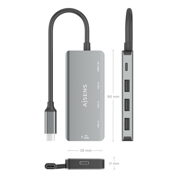 Hub AISENS USB-C a 3xUSB 2.0 PD 100W Gris (A109-0945)
