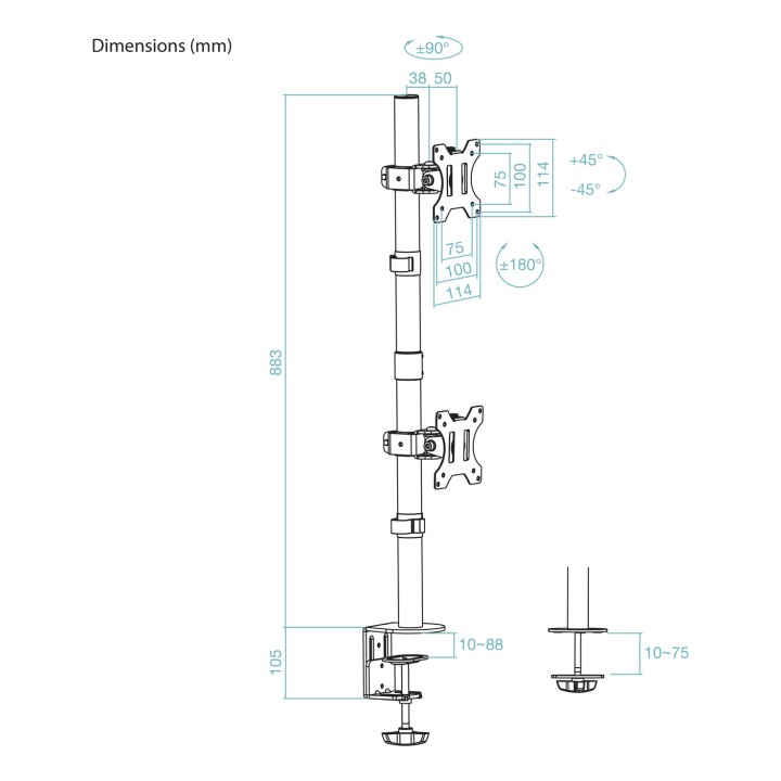 Soporte Mesa TooQ 2 Monitores Gira/Incl (DB1233TNV-B)