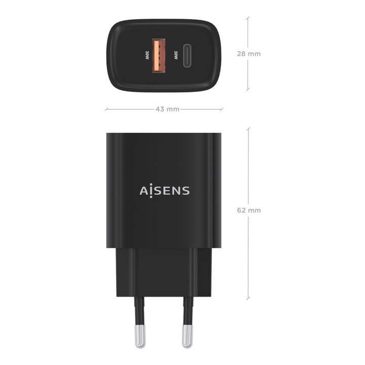 Cargador de Pared AISENS 30W USB-A/C Negro (A110-0953)