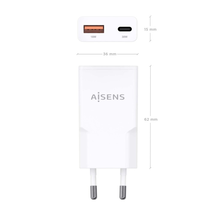 Cargador Pared AISENS USB-A USB-C 30W (ASCH-30W2P046-W)