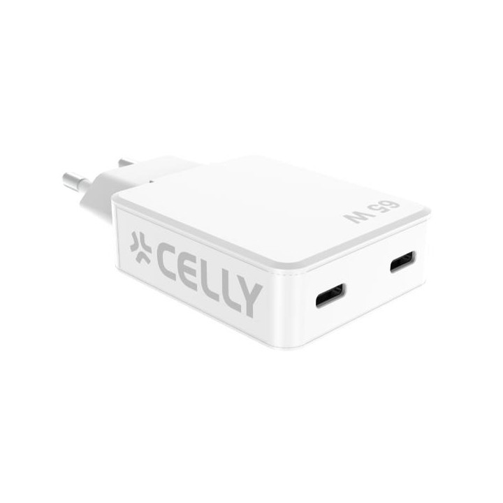 Cargador CELLY GaN 65W 2xUSB-C Blanco (SLIMTC2C65WWH)