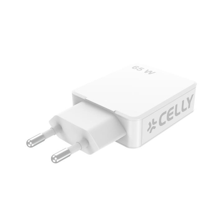 Cargador CELLY GaN 65W 2xUSB-C Blanco (SLIMTC2C65WWH)