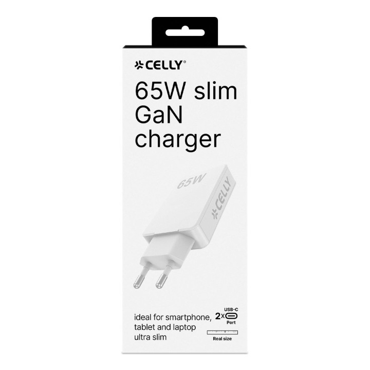 Cargador CELLY GaN 65W 2xUSB-C Blanco (SLIMTC2C65WWH)