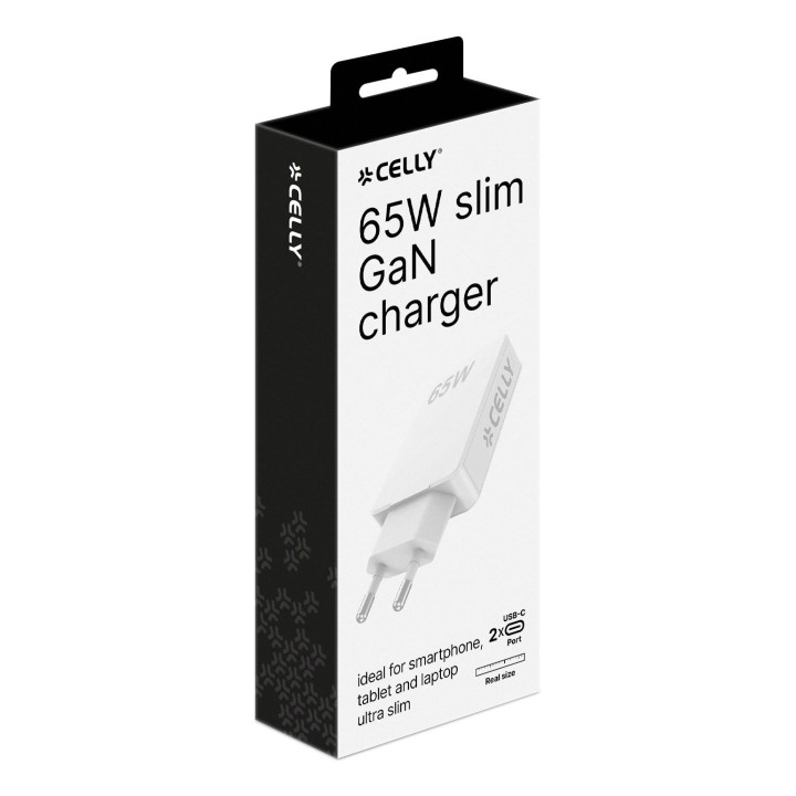 Cargador CELLY GaN 65W 2xUSB-C Blanco (SLIMTC2C65WWH)