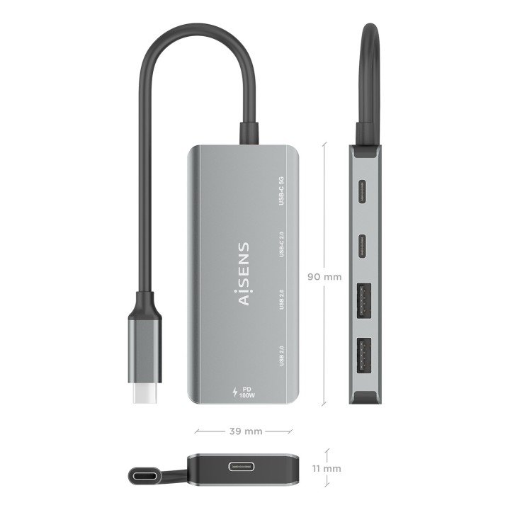 Hub AISENS USB-C a 2xUSB 2.0 PD 100W Gris (A109-0946)