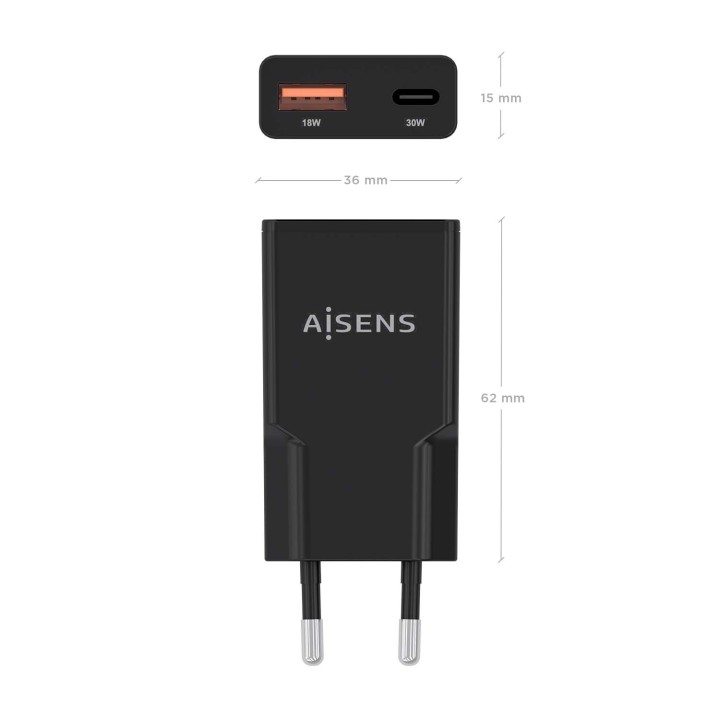 Cargador Pared AISENS USB-A USB-C 30W(ASCH-30W2P047-BK)