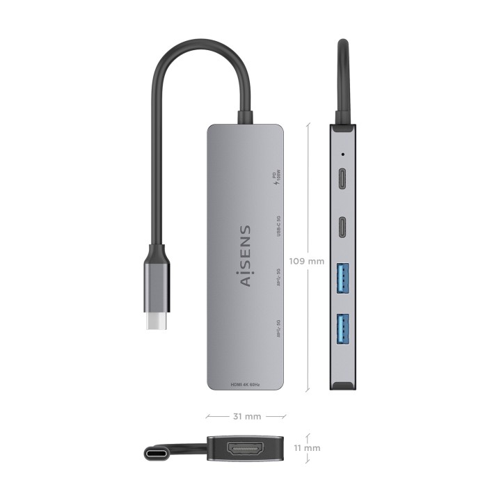 Docking AISENS 5en1 USB-C 4K/60Hz Gris (ASUC-5P028-GR)