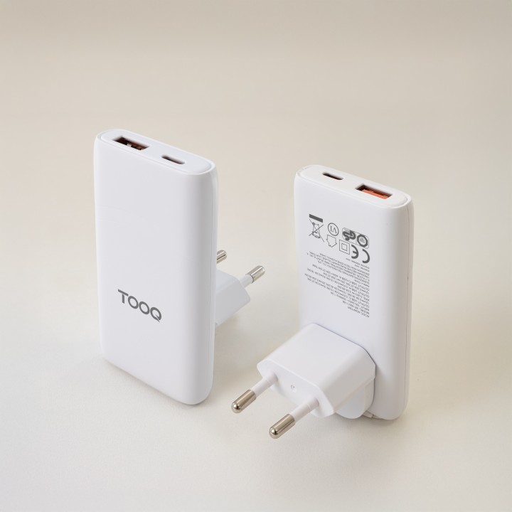 Cargador de Viaje TooQ GaN USB-A/USB-C PD/QC 65W Blanco