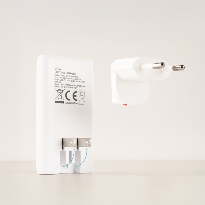 Cargador de Viaje TooQ GaN USB-A/USB-C PD/QC 65W Blanco