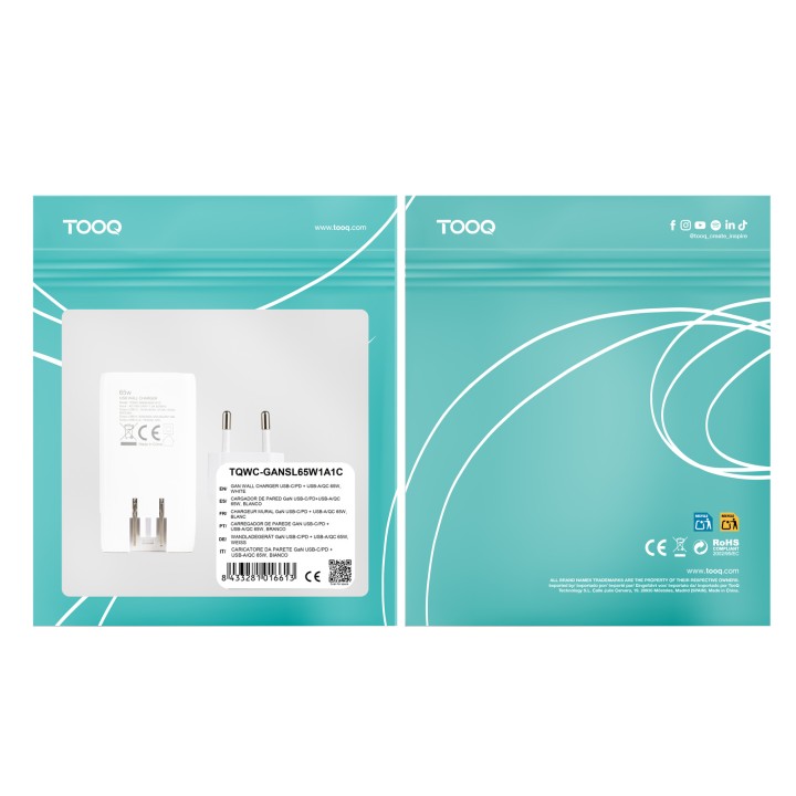 Cargador de Viaje TooQ GaN USB-A/USB-C PD/QC 65W Blanco