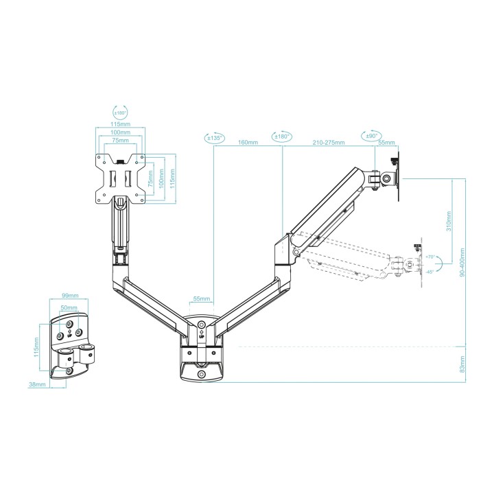 Soporte Pared TooQ 13"-34" 2 Brazos Negro (LP1434TNR-B)