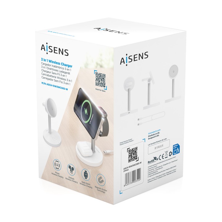 Cargador AISENS Qi Inalámbrico Blanco(ASCH-15W3WC065-W)