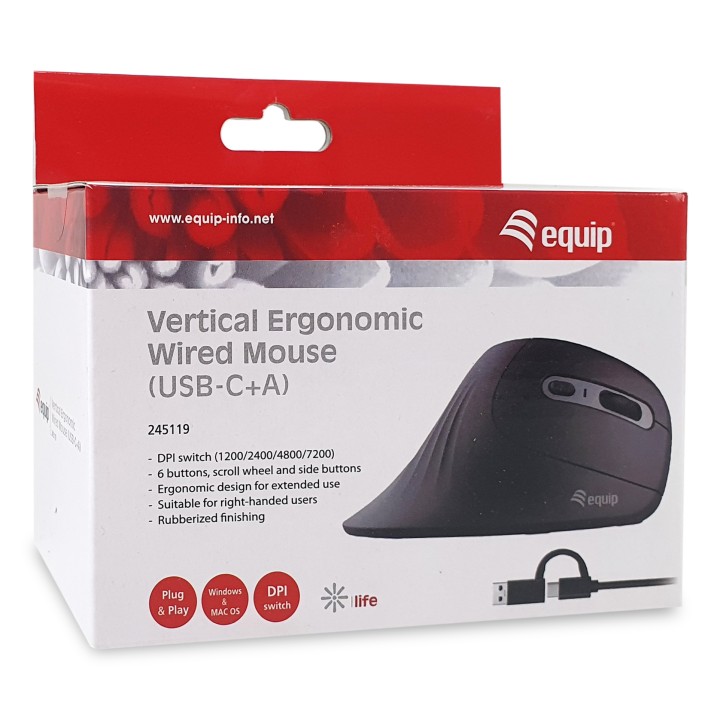 Ratón Vertical EQUIP USB-A/C 7200dpi Negro (EQ245119)