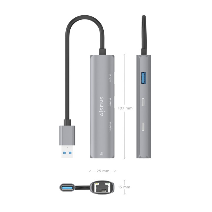 Hub AISENS USB-A a 1USB-A/2USB-C/1RJ45 (ASUC-4P036-GR)