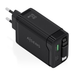 Cargador AISENS GaN 65W 1xUSB-A 1xUSB-C Cable Retráctil
