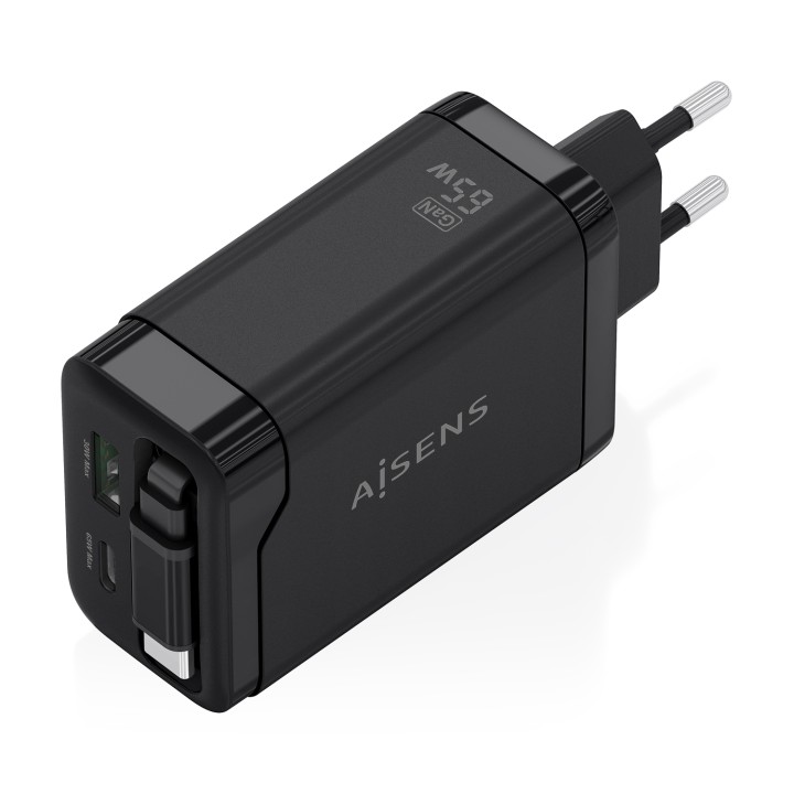 Cargador AISENS GaN 65W 1xUSB-A 1xUSB-C Cable Retráctil