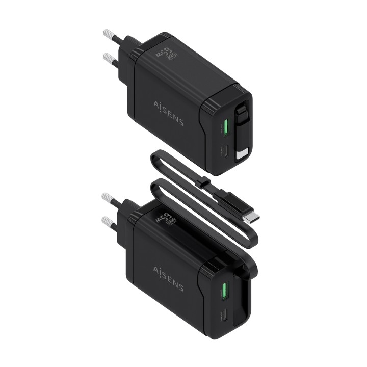 Cargador AISENS GaN 65W 1xUSB-A 1xUSB-C Cable Retráctil