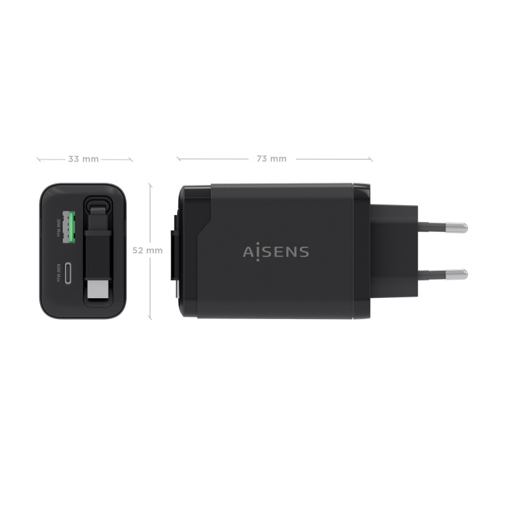 Cargador AISENS GaN 65W 1xUSB-A 1xUSB-C Cable Retráctil