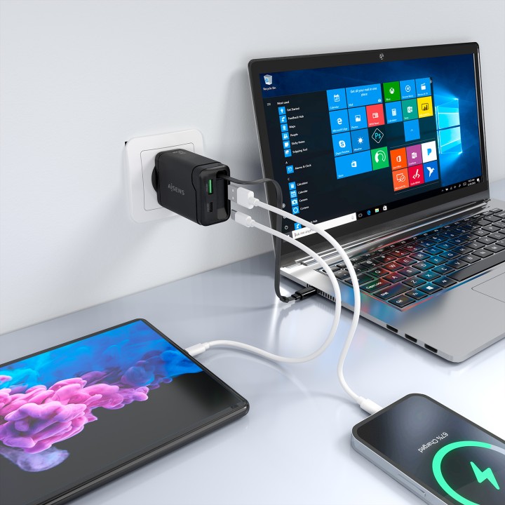 Cargador AISENS GaN 65W 1xUSB-A 1xUSB-C Cable Retráctil