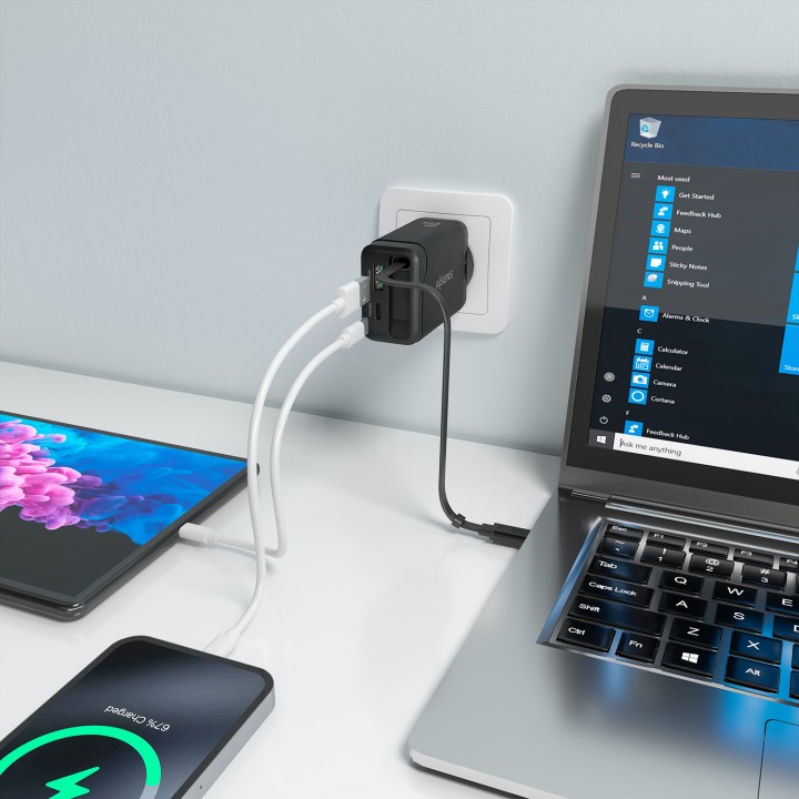 Cargador AISENS GaN 65W 1xUSB-A 1xUSB-C Cable Retráctil