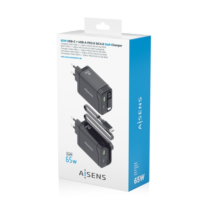 Cargador AISENS GaN 65W 1xUSB-A 1xUSB-C Cable Retráctil