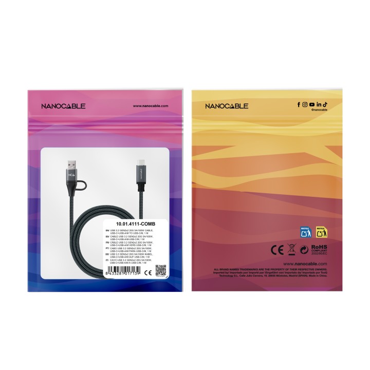 Nanocable USB-C a USB-A+USB-C/M 1m (10.01.4111-COMB)