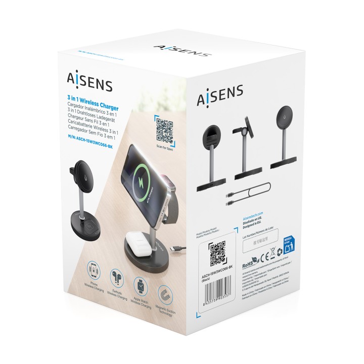 Cargador AISENS Qi Inalámbrico Negro(ASCH-15W3WC066-BK)
