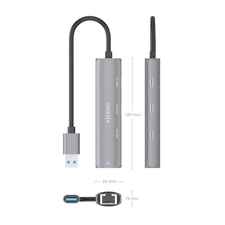 Hub AISENS USB-A a 3xUSB-C/1xRJ45 Gris (ASUC-4P037-GR)