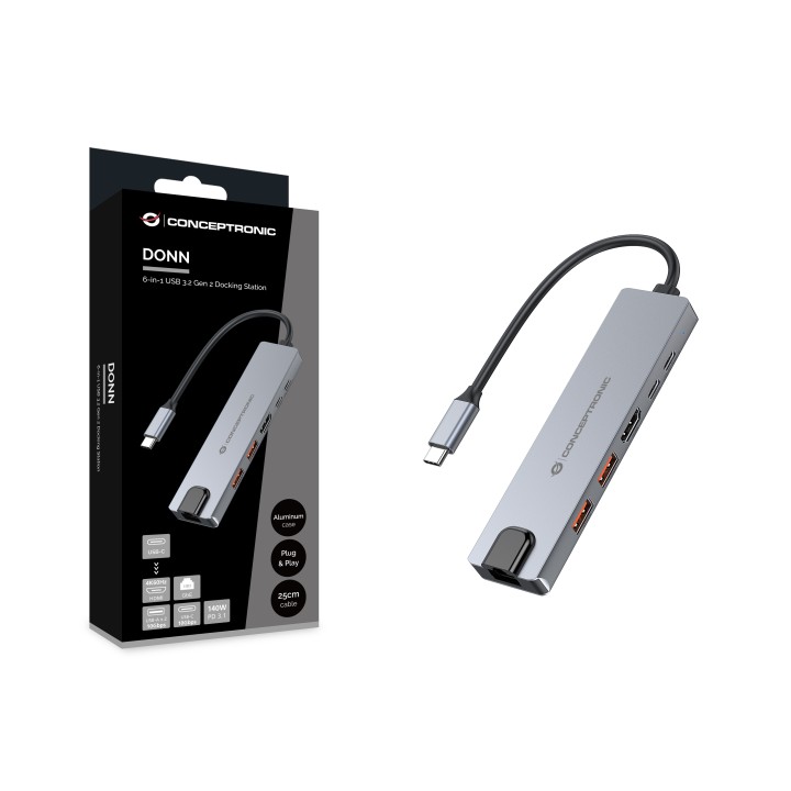 Docking Station CONCEPTRONIC 6en1 USB-C Gris (DONN29G)