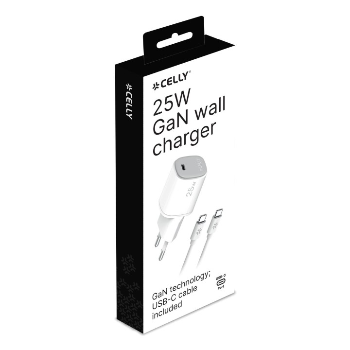 Cargador CELLY USB-C 25W + Cable (UPTC1USBC25WCTC)