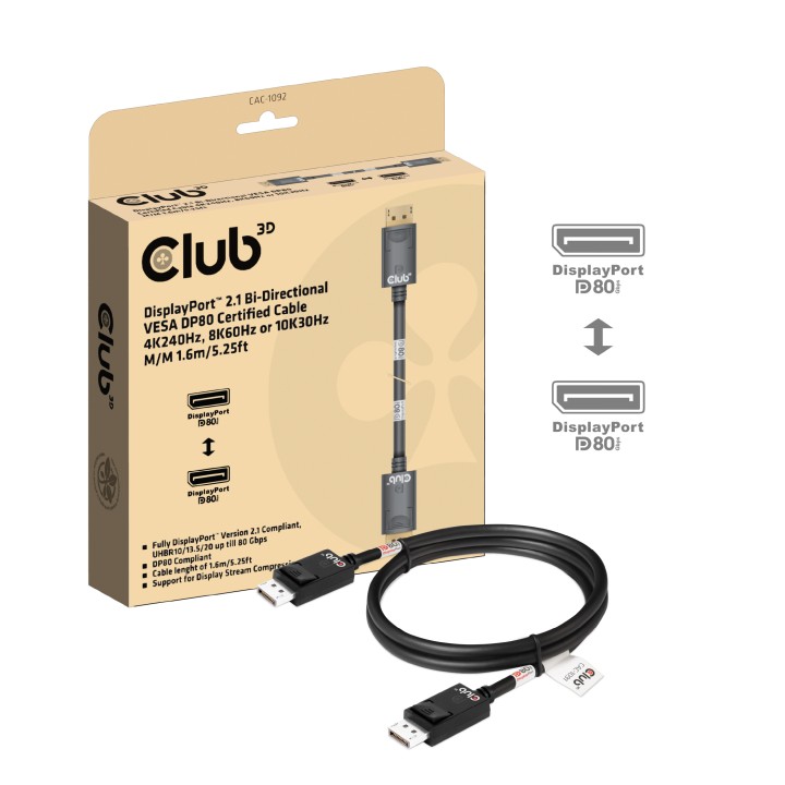 Cable Club 3D DP80 8K/240Hz 1.6m M/M Negro (CAC-1092)