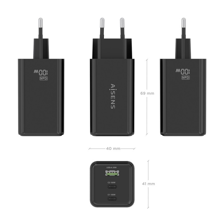 Cargador AISENS 100W 1xUSB-A 2USB-C (ASCH-100W3P052-BK)