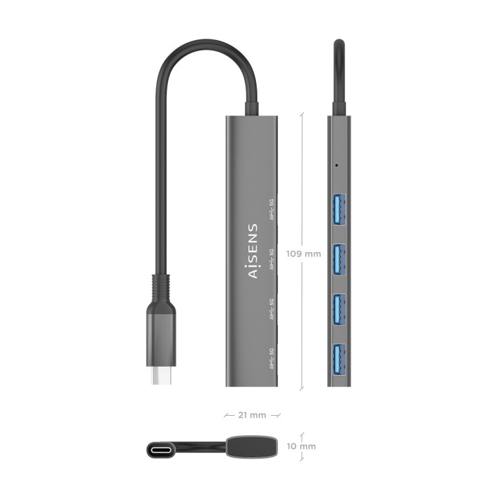 Hub Aisens USB-C/M a 4xUSB-A/H 15cm Gris (A109-0943)