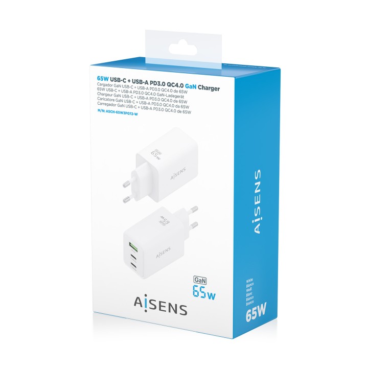 Cargador AISENS 65W 2xUSB-C 1xUSB-A (ASCH-65W3P072-W)