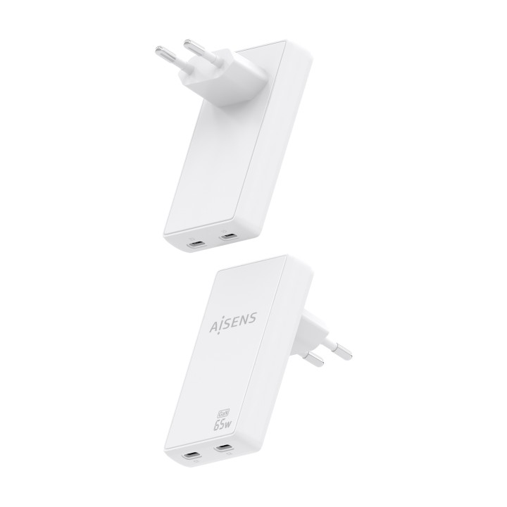 Cargador Pared AISENS GaN 65W 2xUSB-C (ASCH-65W2P077-W)