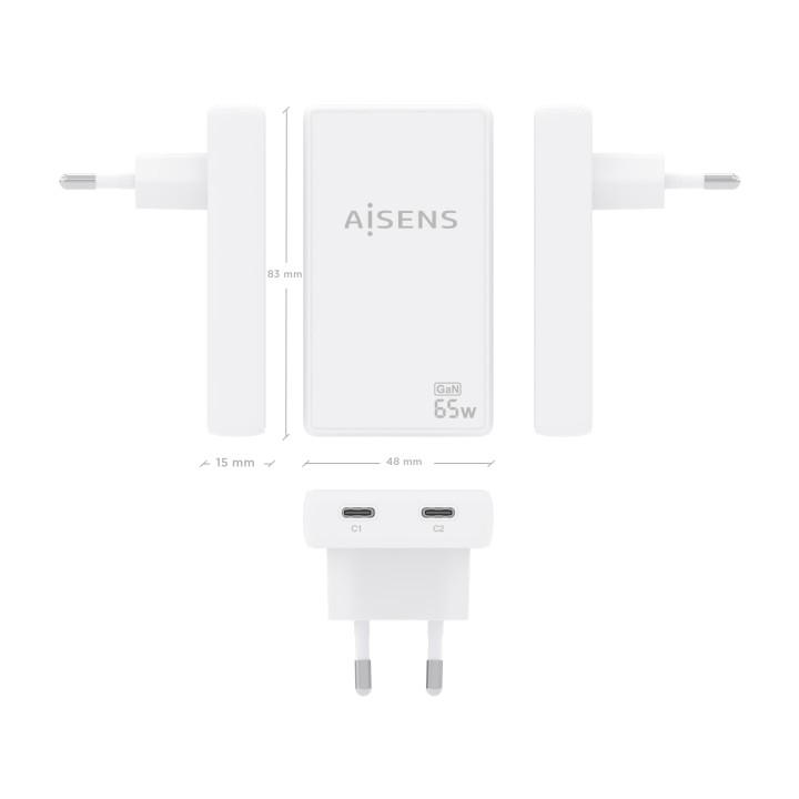 Cargador Pared AISENS GaN 65W 2xUSB-C (ASCH-65W2P077-W)