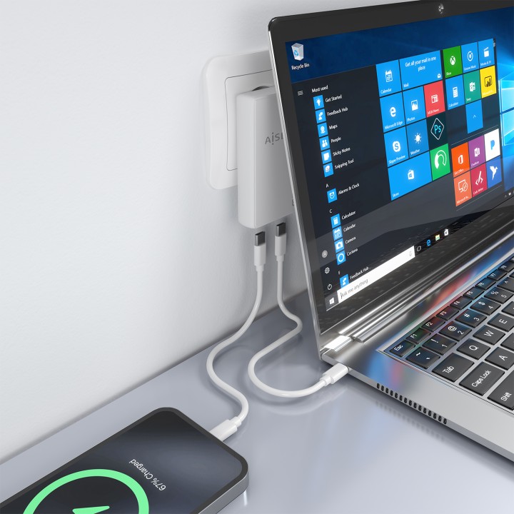 Cargador Pared AISENS GaN 65W 2xUSB-C (ASCH-65W2P077-W)