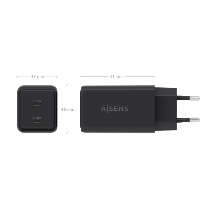Cargador Pared AISENS GaN 65W 2USB-C (ASCH-65W2P079-BK)