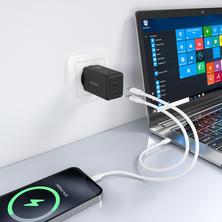 Cargador Pared AISENS GaN 65W 2USB-C (ASCH-65W2P079-BK)
