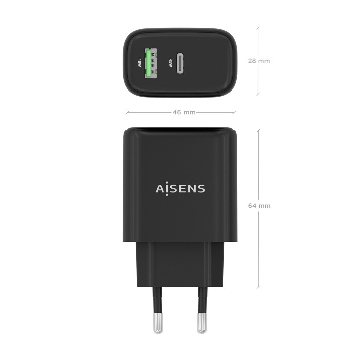 Cargador Pared AISENS 45W USB-A USB-C Negro (A110-0972)