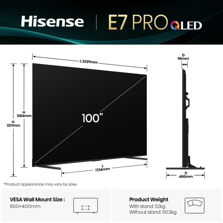 TV Hisense E7Q PRO 100" QLED 4K UHD Negro (100E7Q PRO)