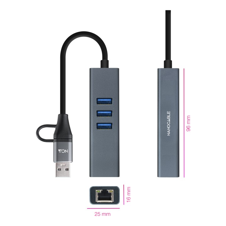 Conversor Nanocable USB-A/C a RJ45+3xUSB-A (10.03.0412)