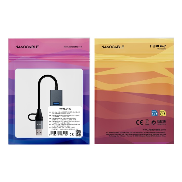 Conversor Nanocable USB-A/C a RJ45+3xUSB-A (10.03.0412)