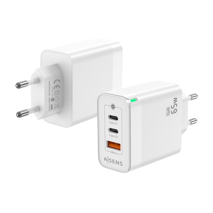 Cargador Pared AISENS 2Usb-C Usb-A 65W(ASCH-65W3P007-W)