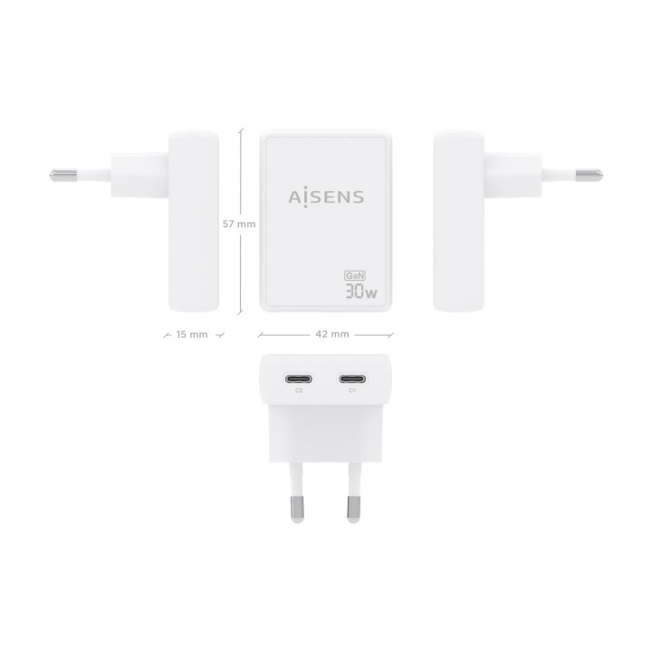 Cargador Pared AISENS GaN 30W 2xUSB-C (ASCH-30W2P075-W)