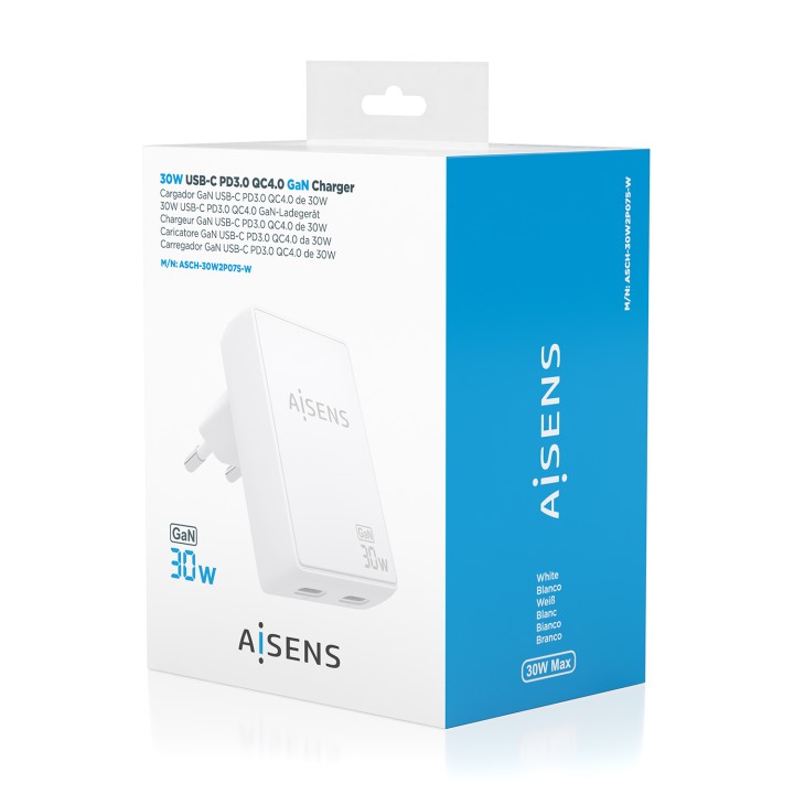 Cargador Pared AISENS GaN 30W 2xUSB-C (ASCH-30W2P075-W)